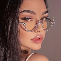 Semi Rimless Clear Lens Rhinestone Cat Eye Glasses