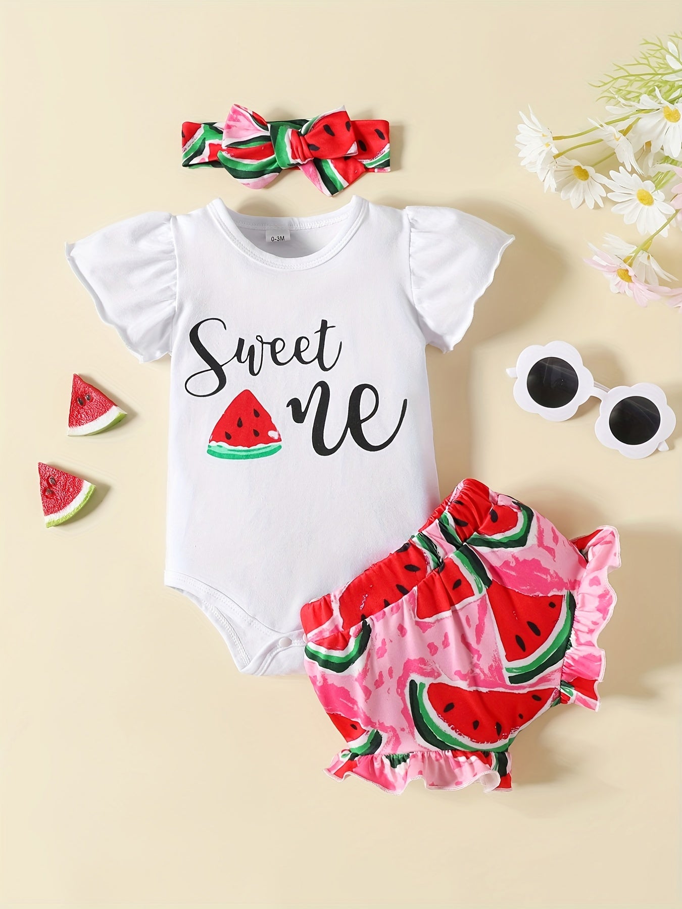 3pc Baby Girls Lemon Print Onesie & Shorts & Headband Set