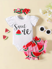 3pc Baby Girls Lemon Print Onesie & Shorts & Headband Set