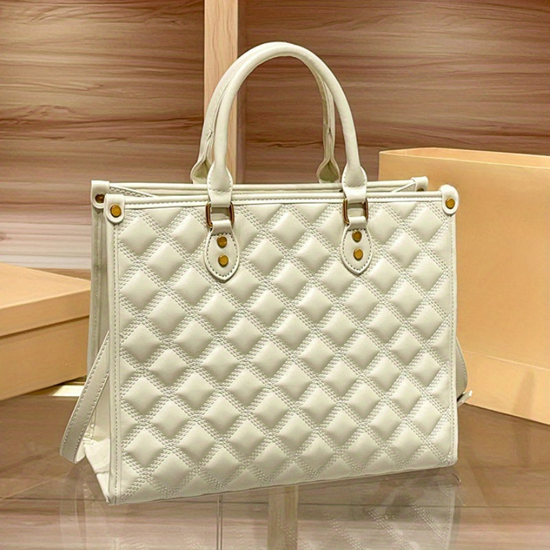 Beige Quilted Tote Bag with Zipper Closure and Shoulder Strap