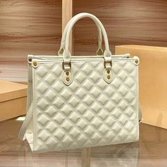 Beige Quilted Tote Bag with Zipper Closure and Shoulder Strap