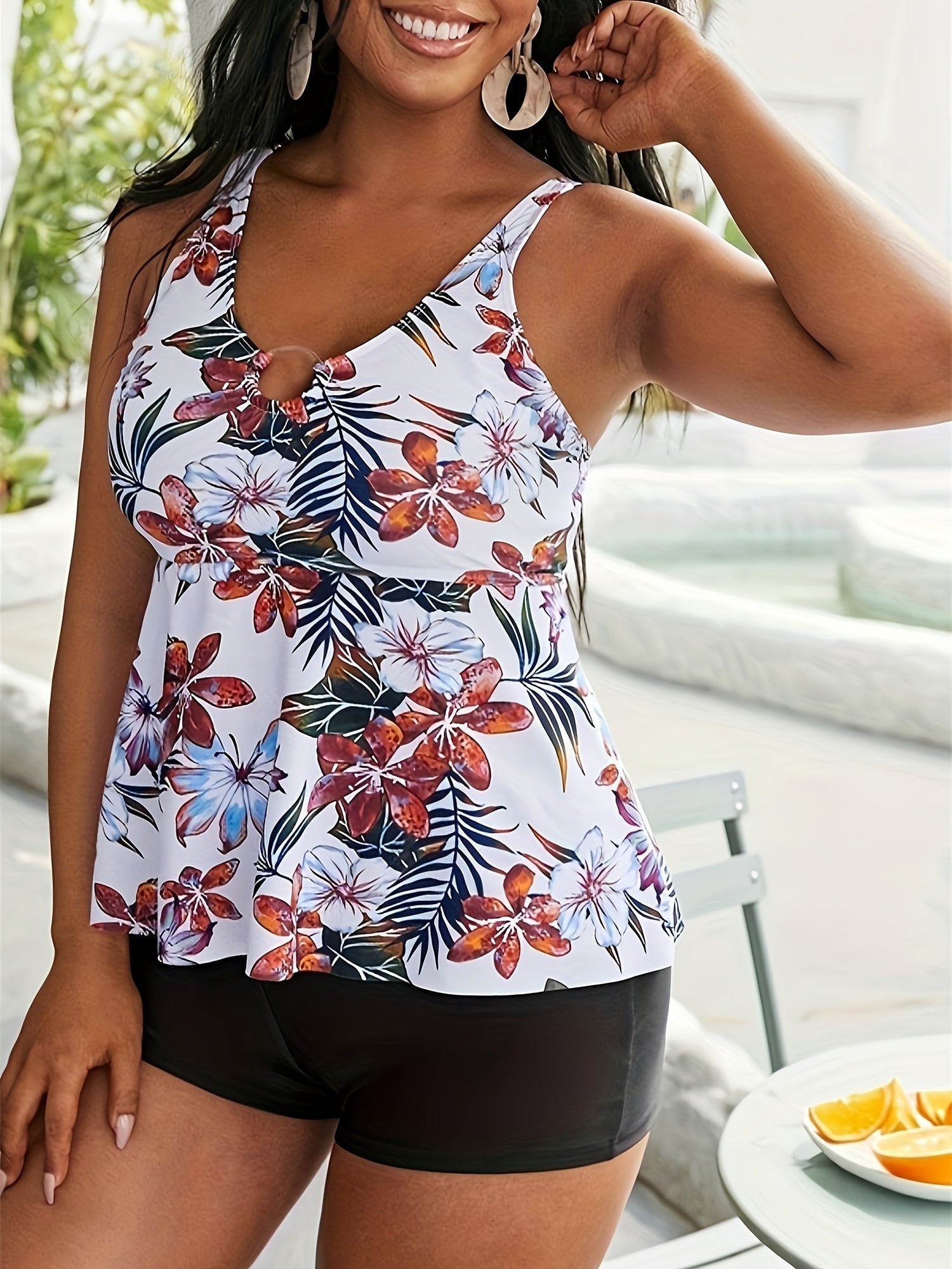 Tropical Print Tankini Set Cami Top & Shorts Swimsuit