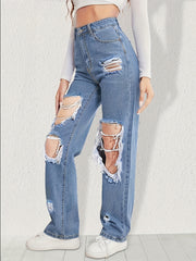 High Waist Distressed Straight Jeans