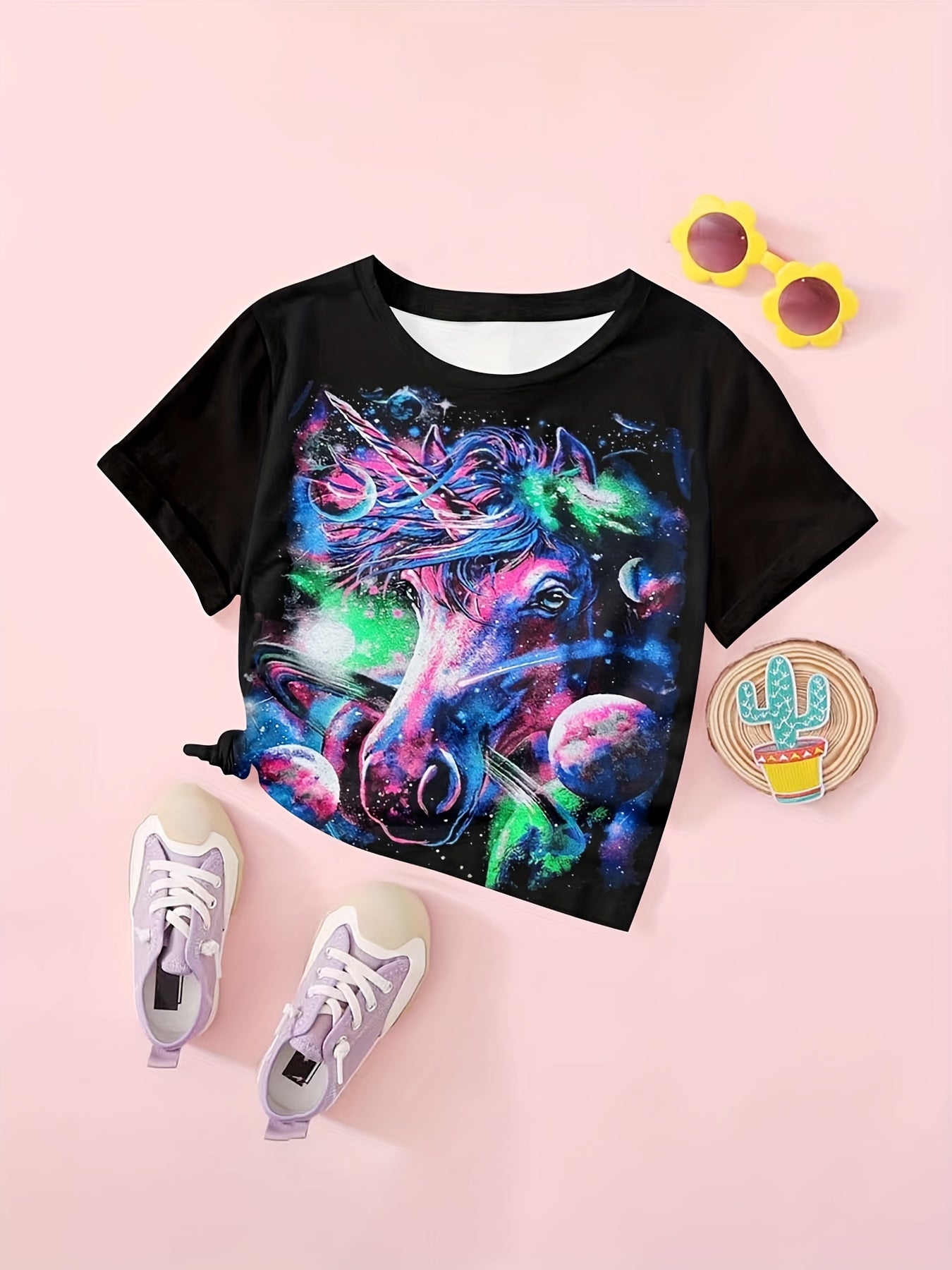 Tie Dye Horse Graphic Short Sleeve T shirt Girls Versatile Pullover Tops Summer