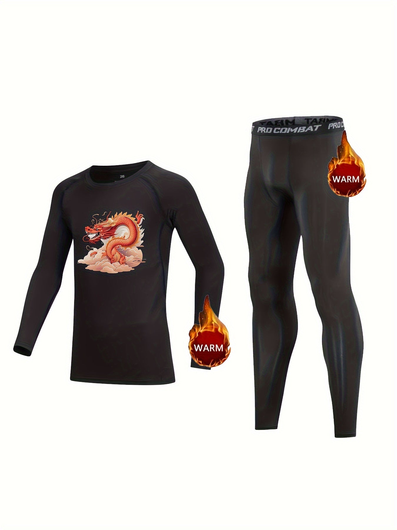 Kids Compression Fleece Sets Animal Pattern Crew Neck Shirt Elastic Waist Pants