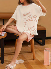 Bunny Print Pajamas Set Short Sleeve Crew Neck Top & Shorts