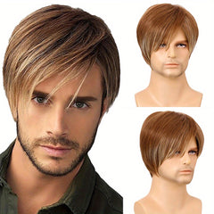 Men's Short Straight Hair Wig with Stylish Slanted Bangs