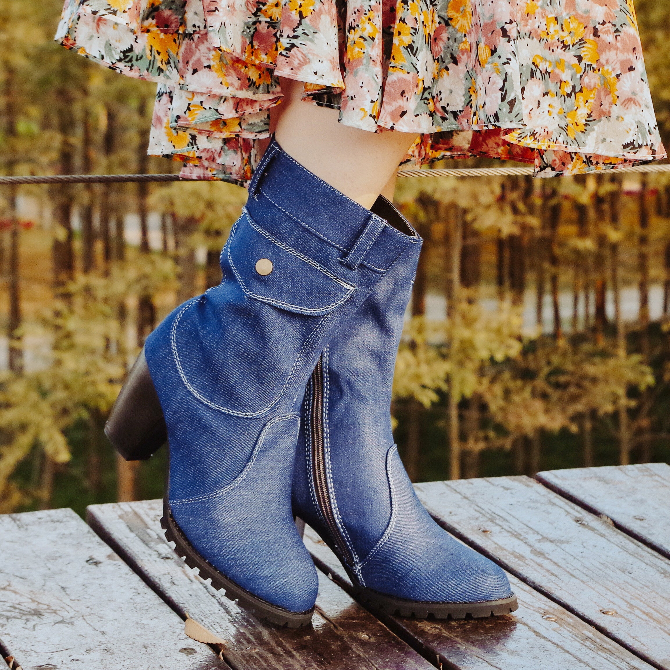 Women's Denim Mid Calf Boots Side Zipper Chunky High Heeled Boots