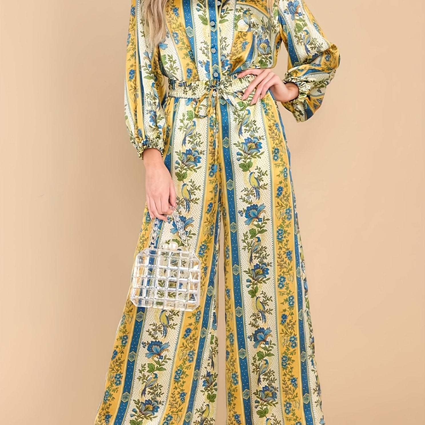 Floral & Geo Print Long Sleeve Button Up Shirt & Drawstring Pants