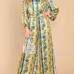 Floral & Geo Print Long Sleeve Button Up Shirt & Drawstring Pants