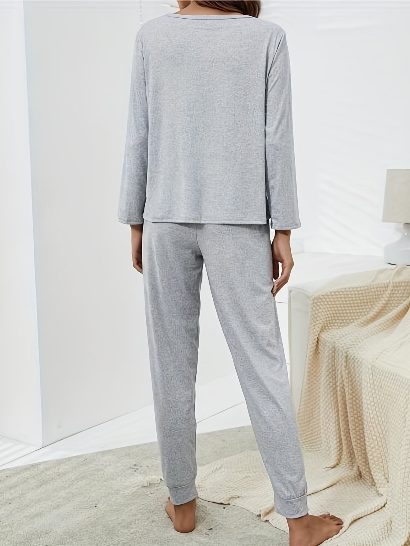 Letter Print Pajama Set Long Sleeve Crew Neck Top & Elastic Waistband Pants