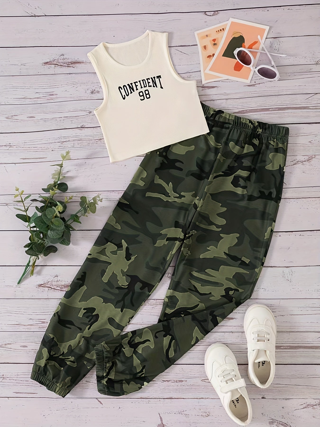 2pcs Girls CONFIDENT Graphic Tank Tops & Camo Pants Set Summer Clothes
