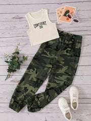 2pcs Girls CONFIDENT Graphic Tank Tops & Camo Pants Set Summer Clothes