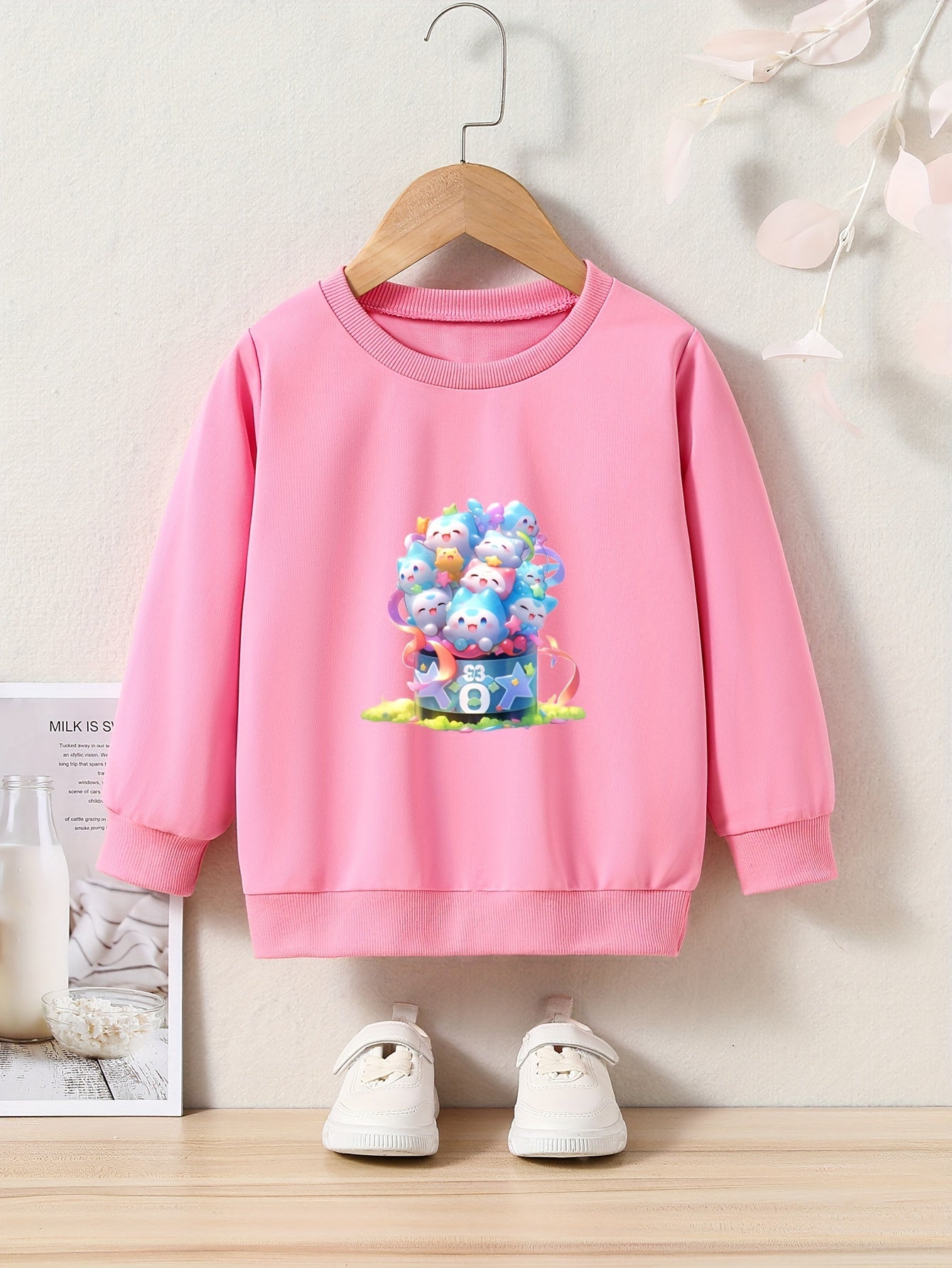 Cartoon Animals Cup Print Girls Sweatshirt Long Sleeve Crew Neck Tops