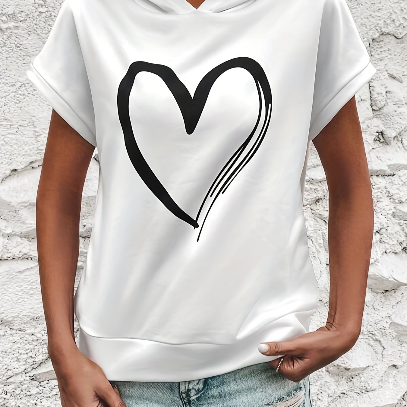 Heart Print Short Sleeve Hoodie Casual Hoodies Sweatshirt