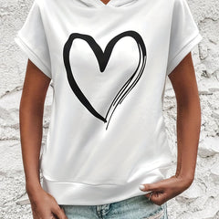 Heart Print Short Sleeve Hoodie Casual Hoodies Sweatshirt