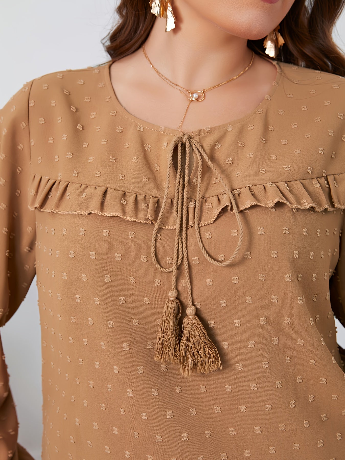 Lantern Sleeve Round Neck Knot Front Blouse Women's Plus Solid Blouse
