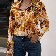 Casual Blouse Lantern Sleeve Turn Down Collar Blouse