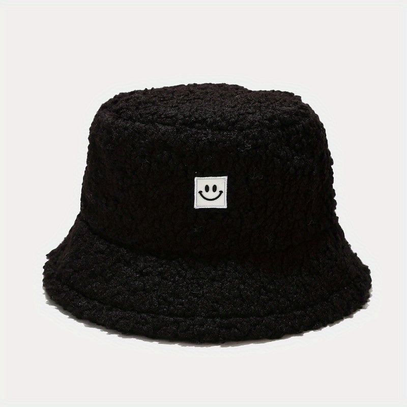 Unisex Sunshade Fleece Bucket Hat with Smile Face Patch - Double Sided Sun Hat