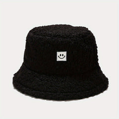 Unisex Sunshade Fleece Bucket Hat with Smile Face Patch - Double Sided Sun Hat
