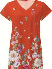 Women's Plus Floral Print V Neck Stretch Dress