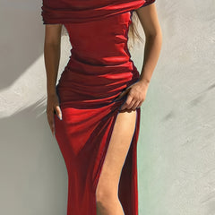 Off Shoulder Slit Maxi Dress Formal Evening Party Solid Sleeveless Dress