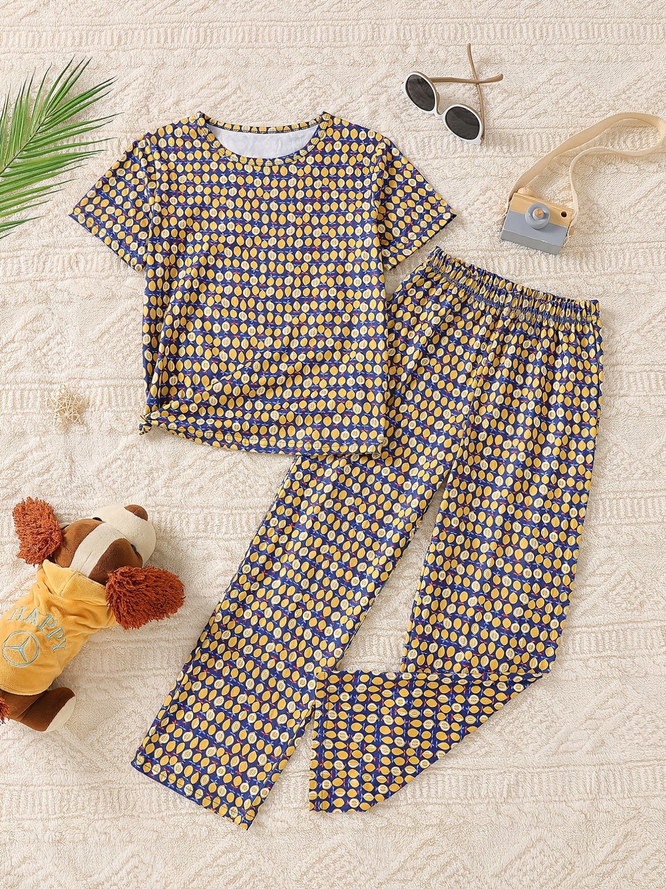 2pcs Lemon Print Kid's Pajama Set Comfy PJ Girl's Loungewear