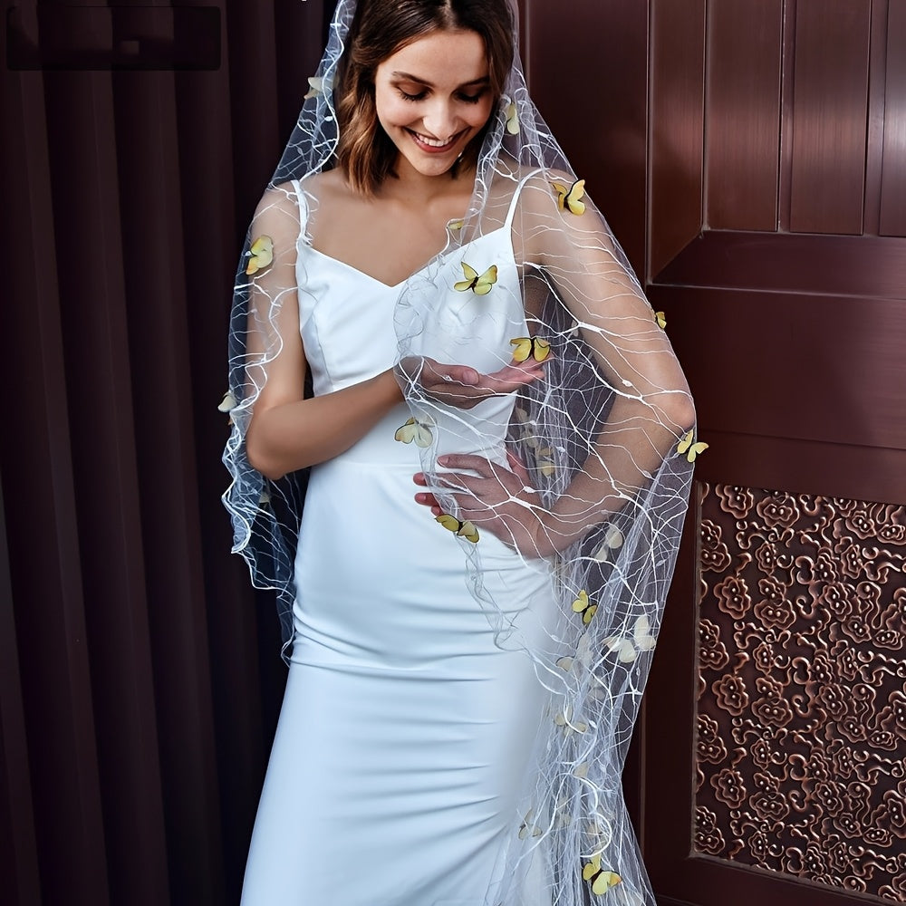 Vintage Royal Court Style Long Bridal Veil with Yellow Butterfly Embellishments