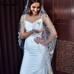 Vintage Royal Court Style Long Bridal Veil with Yellow Butterfly Embellishments