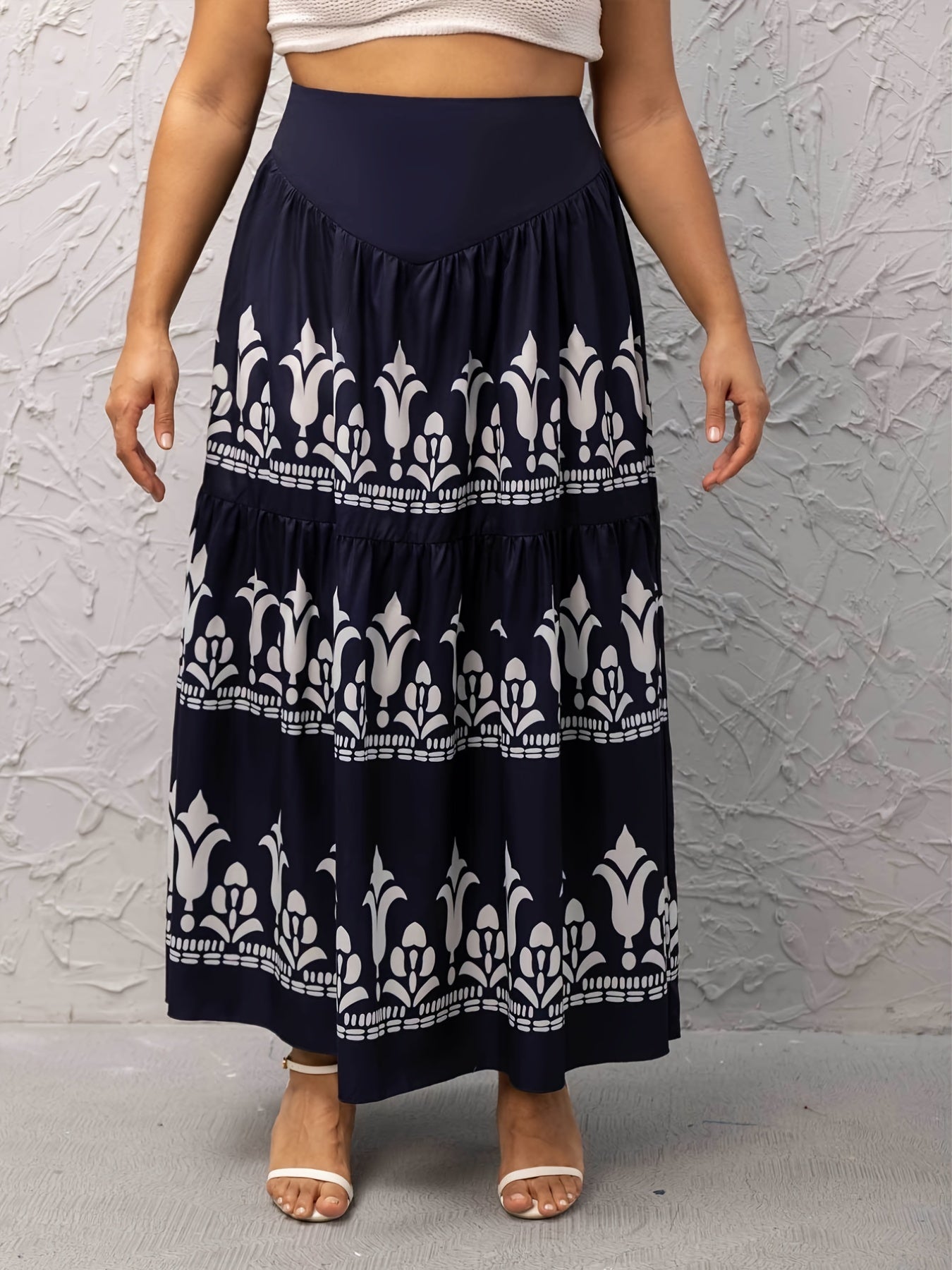 Boho Skirt Women's Plus Floral Print High Rise Pleated Maxi Smock Skir