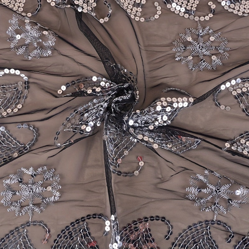 Sequin Paisley Embroidery Shawl Silvery Tassel Vintage Cape