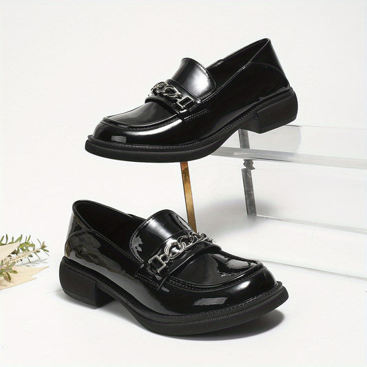 Women's Chain Decor Loafers Patent Leather Slip On Shoes