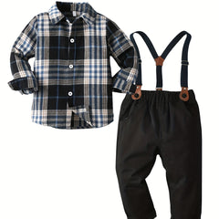 Boys Formal Outfit Striped Shirt & Suspender Pants Set