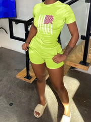 Flag Print Short Sleeve T shirt & Biker Shorts Set