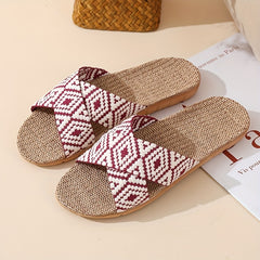 Women's Linen Flat Slides with Geometric Pattern