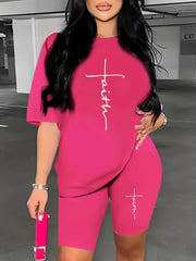 Faith & Cross Print 2pc Set Crew Neck T Shirt & Shorts Women's Outfit