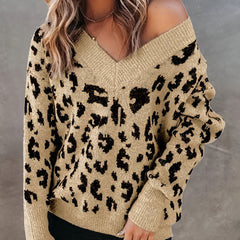 Leopard Pattern Knitted Sweater V Neck Long Sleeve Fall Winter Women's Clothing