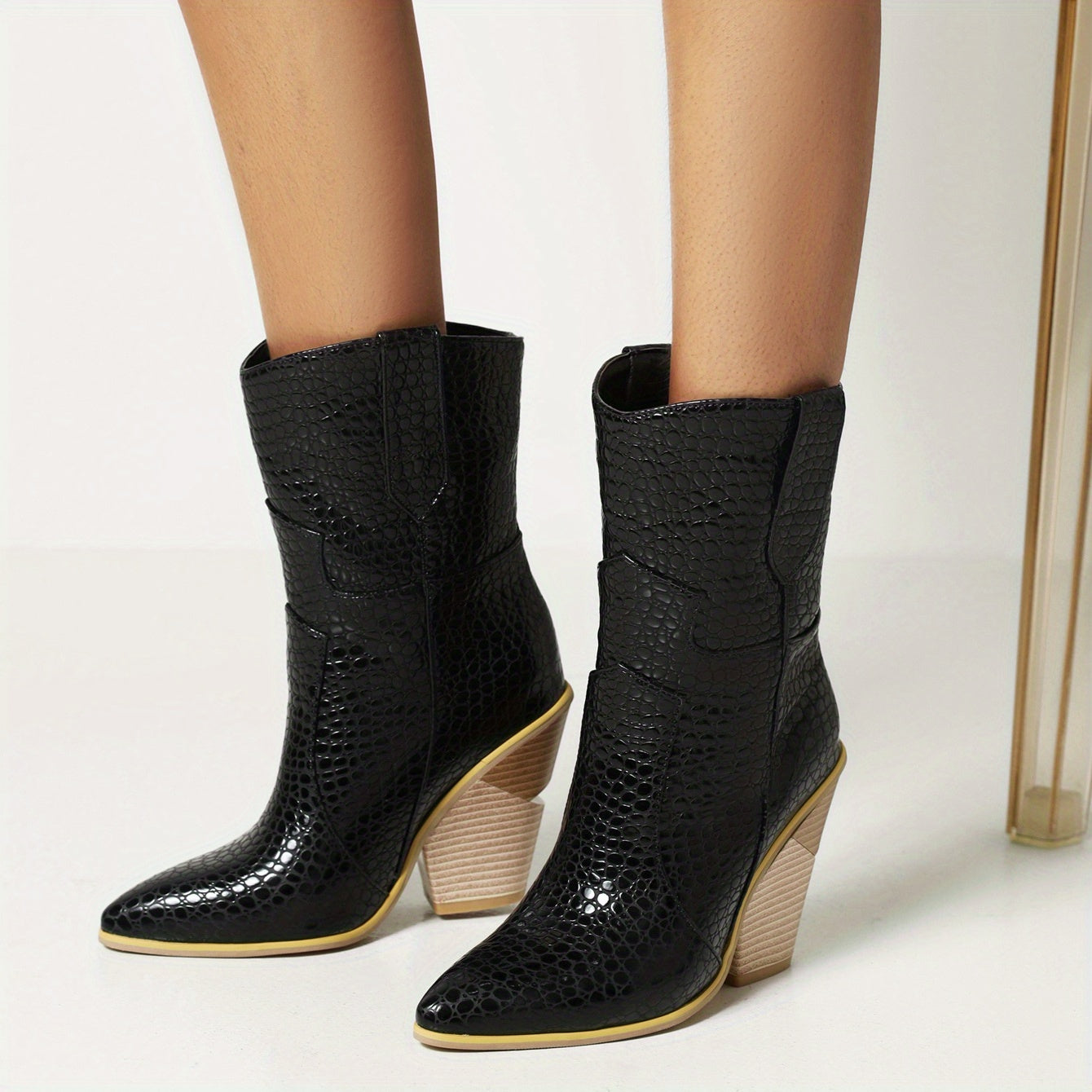 Crocodile Print Chunky Heel Boots Pointed Toe Stacked High Heel Mid Calf Boot