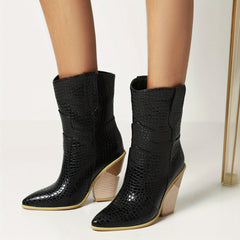 Crocodile Print Chunky Heel Boots Pointed Toe Stacked High Heel Mid Calf Boot