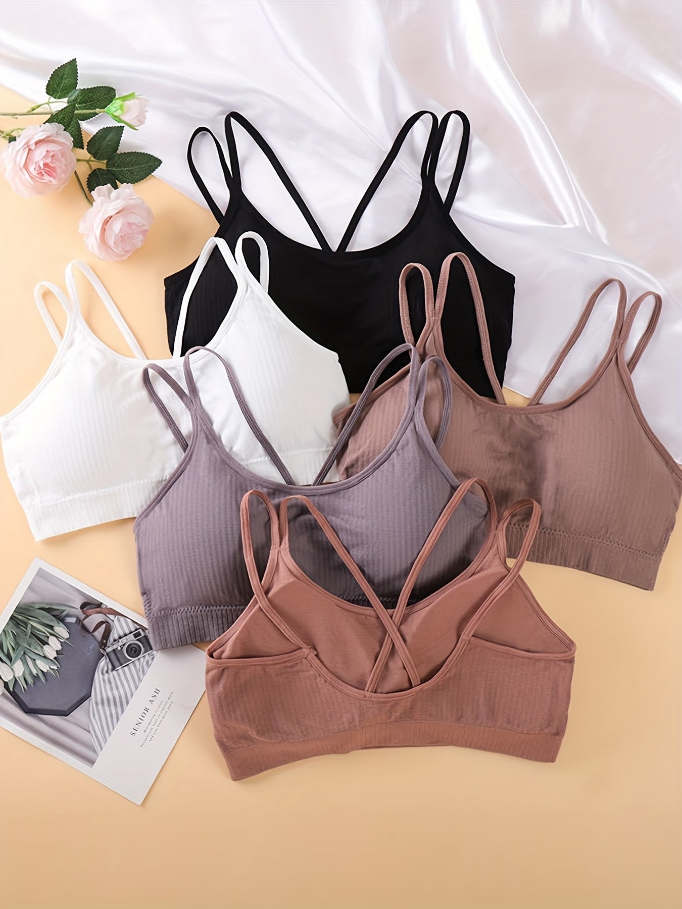 5pcs Solid Ribbed Wireless Bras Double Straps Women's Lingerie