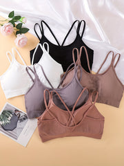 5pcs Solid Ribbed Wireless Bras Double Straps Women's Lingerie