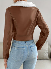 Zip Up PU Leather Jacket Casual Long Sleeve Solid Outerwear