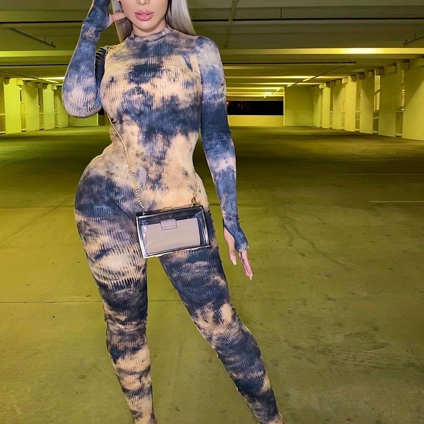 Tie Dye Print Skinny Jumpsuit Crew Neck Long Sleeve Women's Clothing