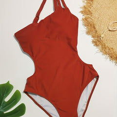 Brown One Shoulder Bathing Suit Cut Out Back Buckle Backless H