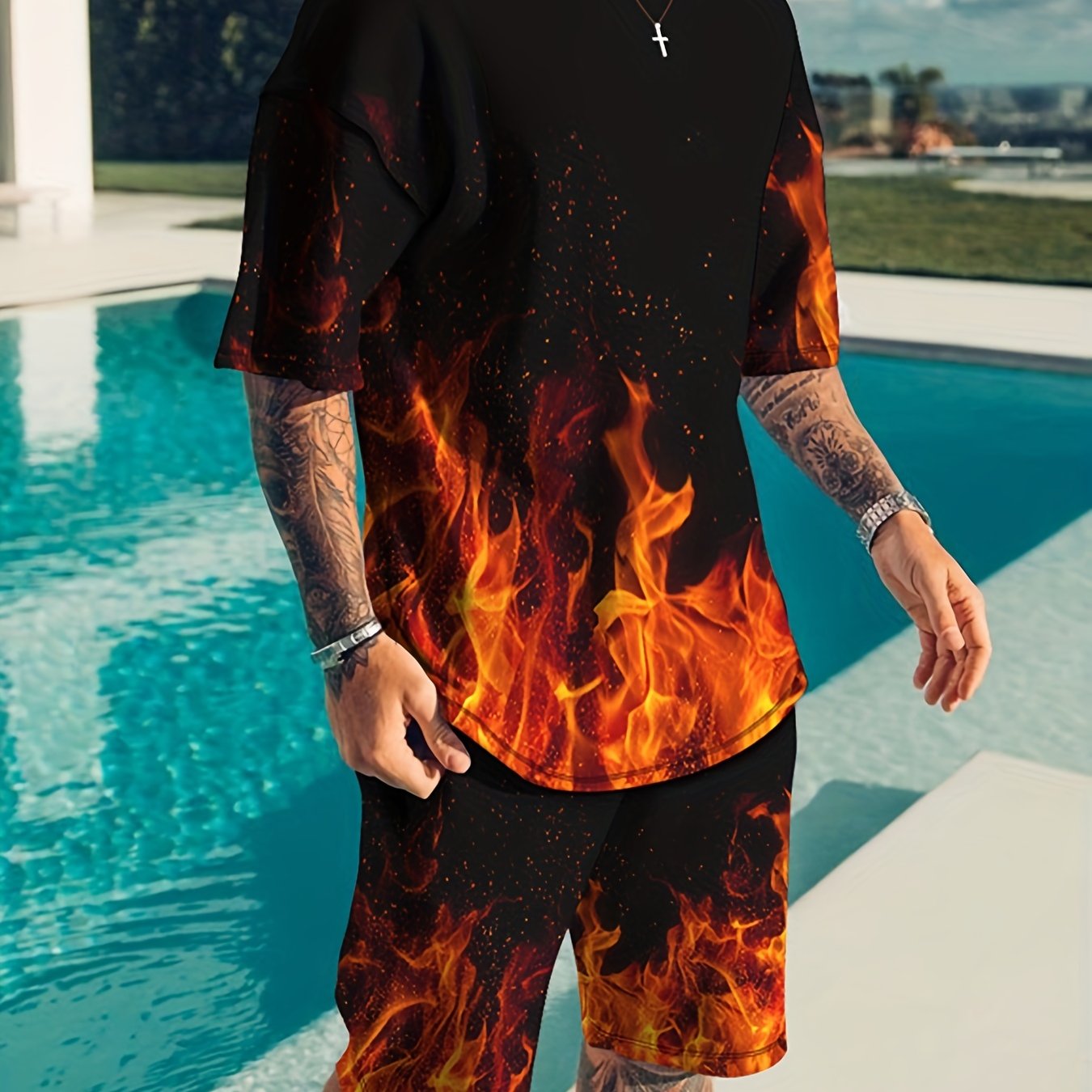 3D Fire Print Men's Casual Outfits Set Short Sleeve T-shirt Drawstring Shorts