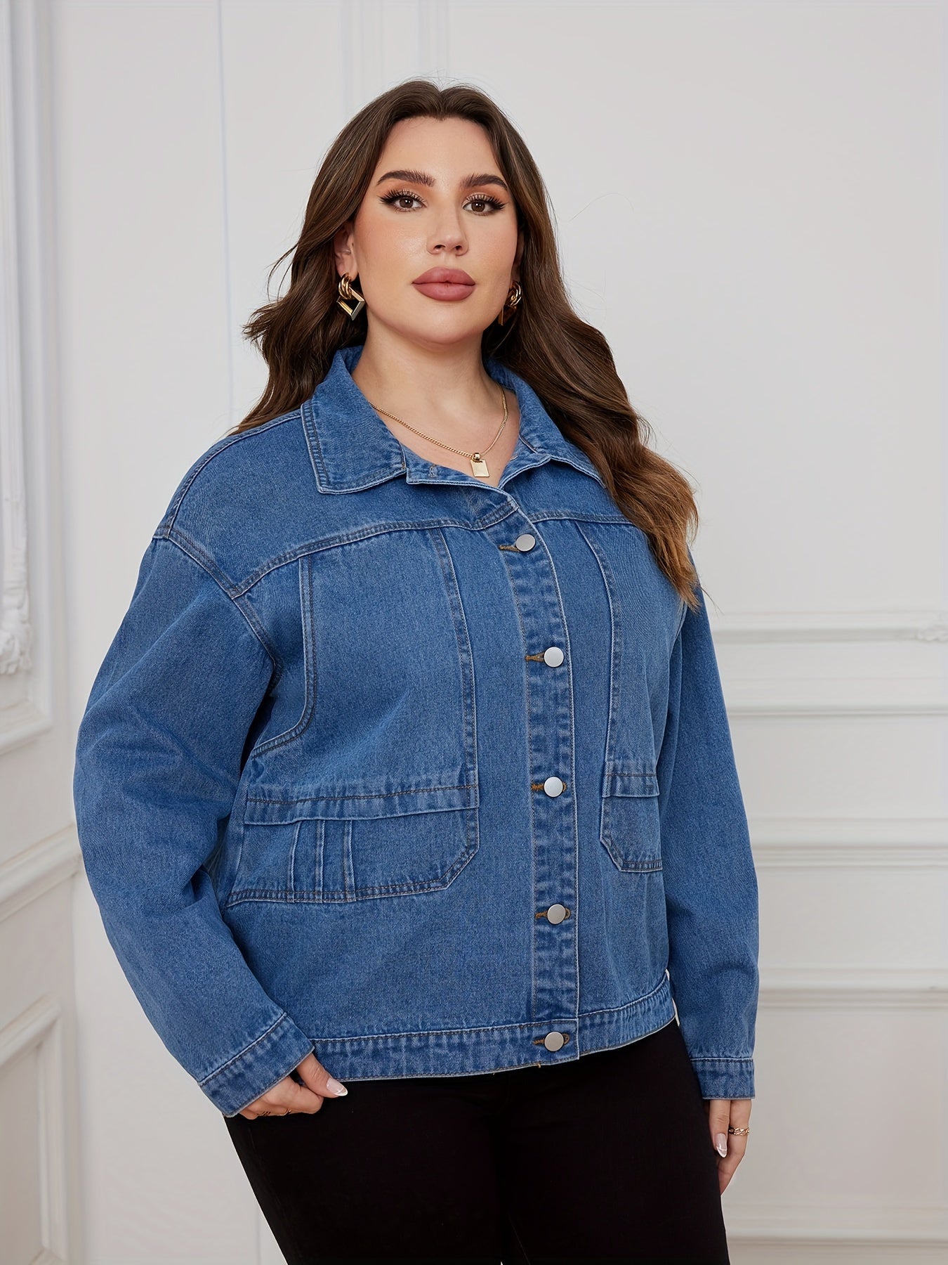 Casual Denim Top Women's Plus Solid Pipping Long Sleeve