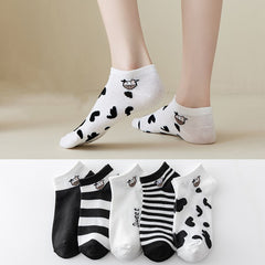 5 Pairs Kitty & Striped Boat Socks Low Cut Ankle Socks Women's Stockings