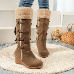 Women's Wedge Knee High Boots Cross Strap Back Lace Up Tassel Plush Comfy Shoes