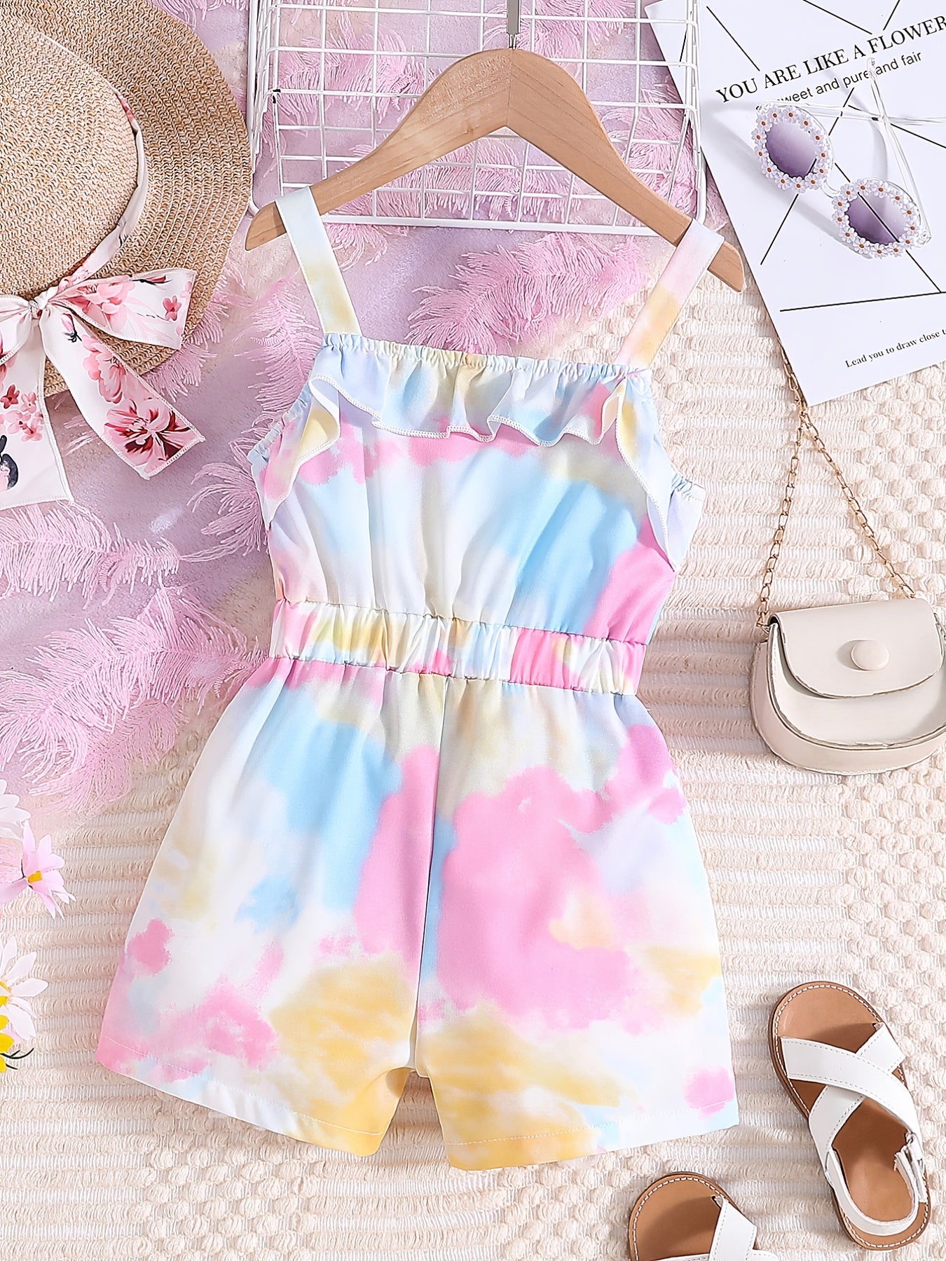 Toddler Girls Tie Dye Ruffle Trim Cami Romper