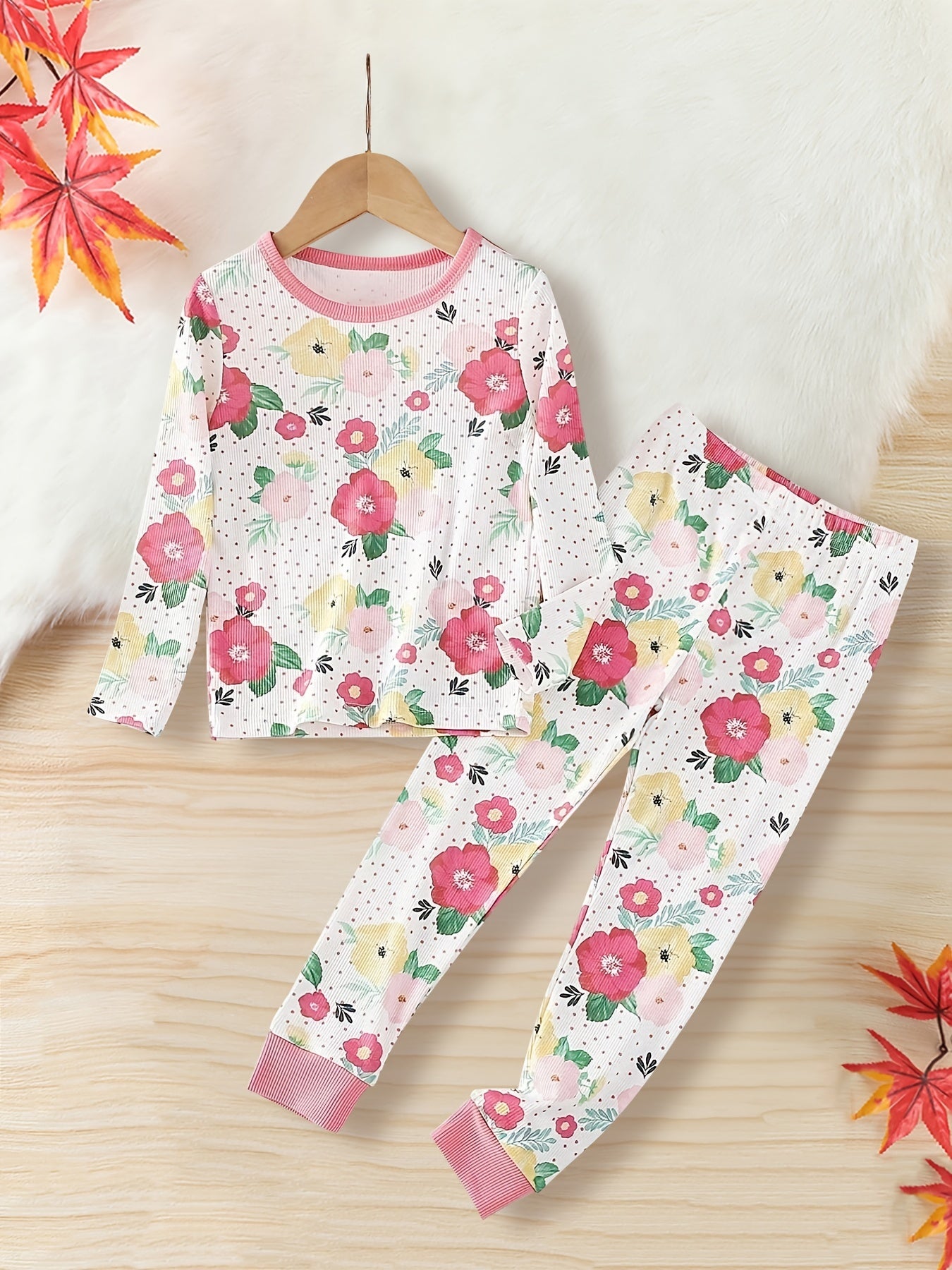 Floral Pattern Kid's Pajamas 2pcs Set Long Sleeve Top & Pants